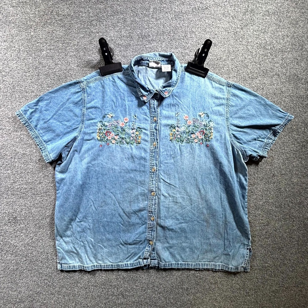 Bobbie Brooks Shirt Women's 26/28 Blue Denim Embroidered Floral 100% Cotton Boho